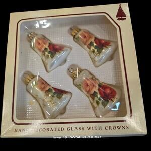 Vintage Christmas By Krebs Rose Bell Glass Ornaments Set of 4 Hand Decorated...